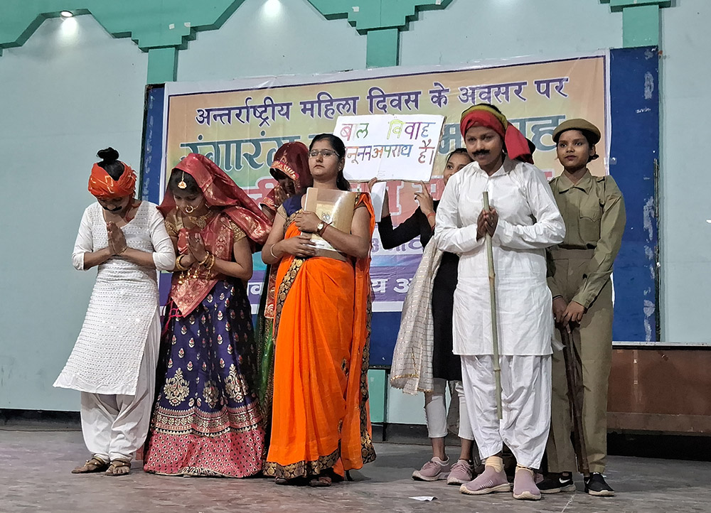 Young women created displays for the celebration of International Women's Day to signify the causes they wanted to underline. This display says, "No to child marriage." (Courtesy of Dorothy Fernandes)