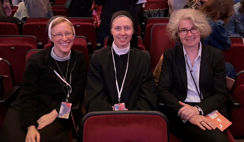 The author, Apostle of the Sacred Heart Sr. Kathryn Press (left), sits with Benedictine Sr. Celina Galinyte, director of Alpha in Lithuania, and Xavières Sr. Nathalie Becquart, undersecretary at the Synod of Bishops) at Royal Albert Hall in London. The three spoke at a panel at Alpha International's Leadership Conference May 1-2. (Courtesy of Kathryn Press)