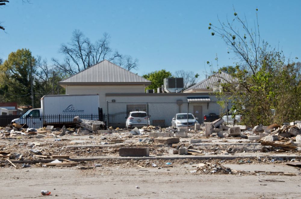 The house directly behind the Edmundite Missions building in Selma, Alabama, was reduced to a foundation when a powerful tornado struck the town in January, but the mission buildings suffered almost no damage. (GSR photo/Dan Stockman)