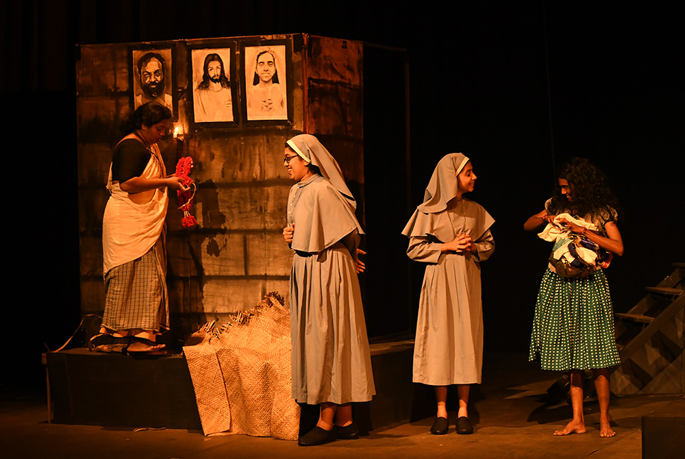 In a scene from the controversial play "Kakkukali," Catholic nuns visit the house of a communist to take his daughter to the convent after his death. The scene indicates that the girl does not want to join the convent, but her mother insists she go because of the family's poverty. (Raneesh Raveendran)