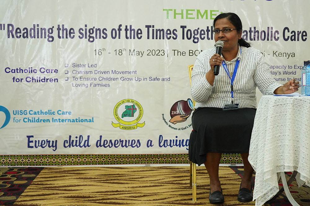 Sr. Niluka Perera, a member of the Congregation of Our Lady of Charity of the Good Shepherd and the coordinator of Catholic Child Care International, presents to attendees at the convening in Nairobi, Kenya. (GSR photo/Wycliff Peter Oundo)