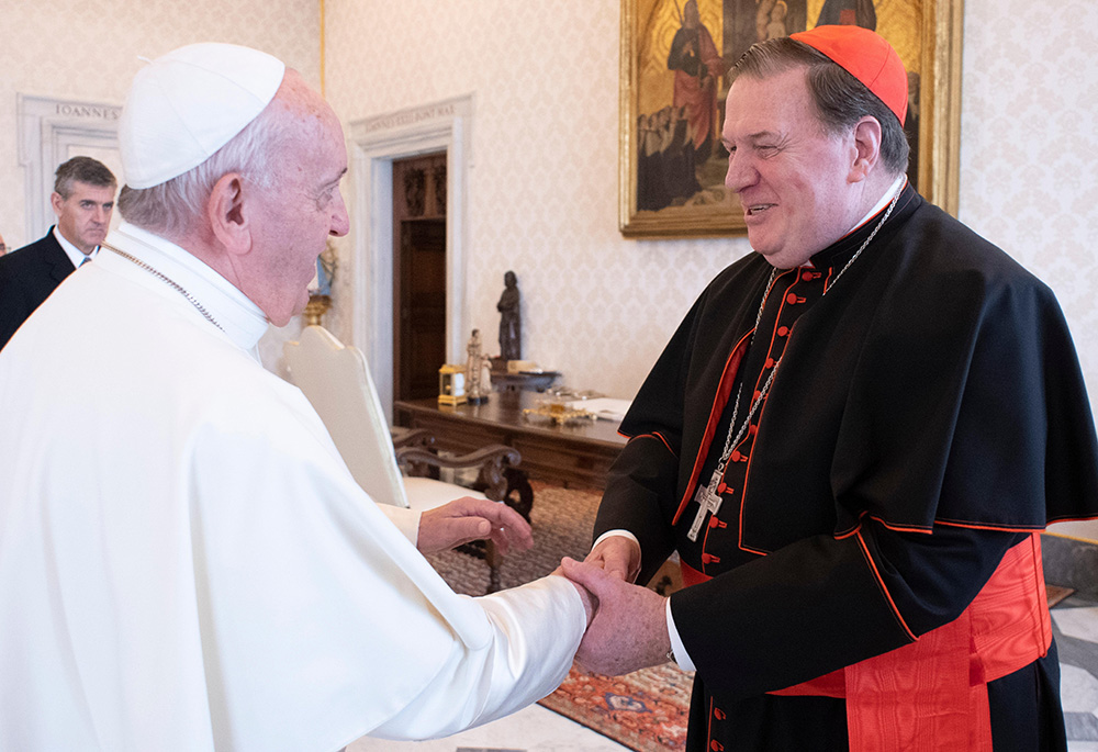 Pope Francis greets Cardinal Joseph Tobin of Newark, New Jersey, during a meeting with U.S. bishops at the Vatican in this Nov. 28, 2019, file photo. (CNS/Vatican Media)