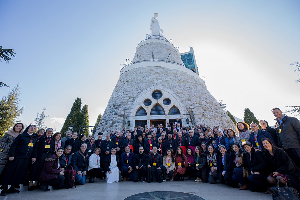 Participants in the Continental Synodal Assembly for the Middle East visit the shrine of Harissa, Our Lady of Lebanon, north of Beirut. The assembly was held Feb. 13-17 with representation from the seven Eastern Catholic Churches — Maronite, Melkite, Syriac, Chaldean, Coptic, Armenian and Latin. The 120 participants included patriarchs, religious and laity from Lebanon, Egypt, Syria, Jordan, the Holy Land, Iraq and the Gulf states. (OSV News/Courtesy of Maronite patriarchate/Mychel Akl)