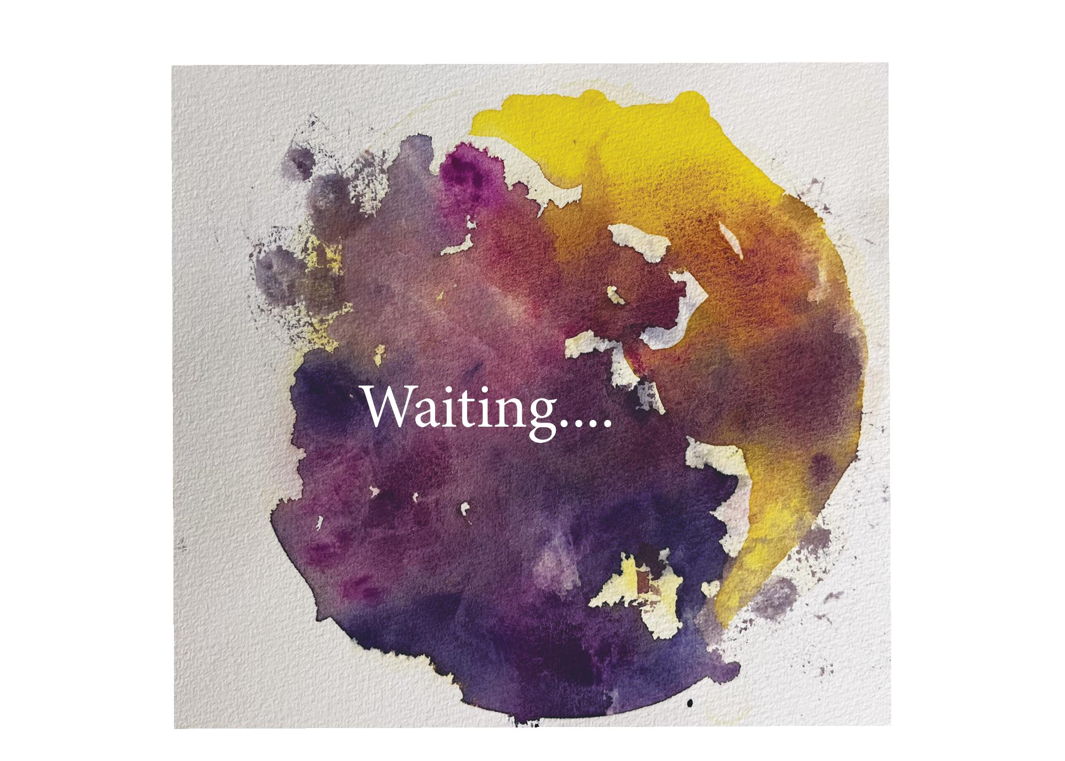 Painting of yellow an purple circle/swirls, with the word, "Waiting"