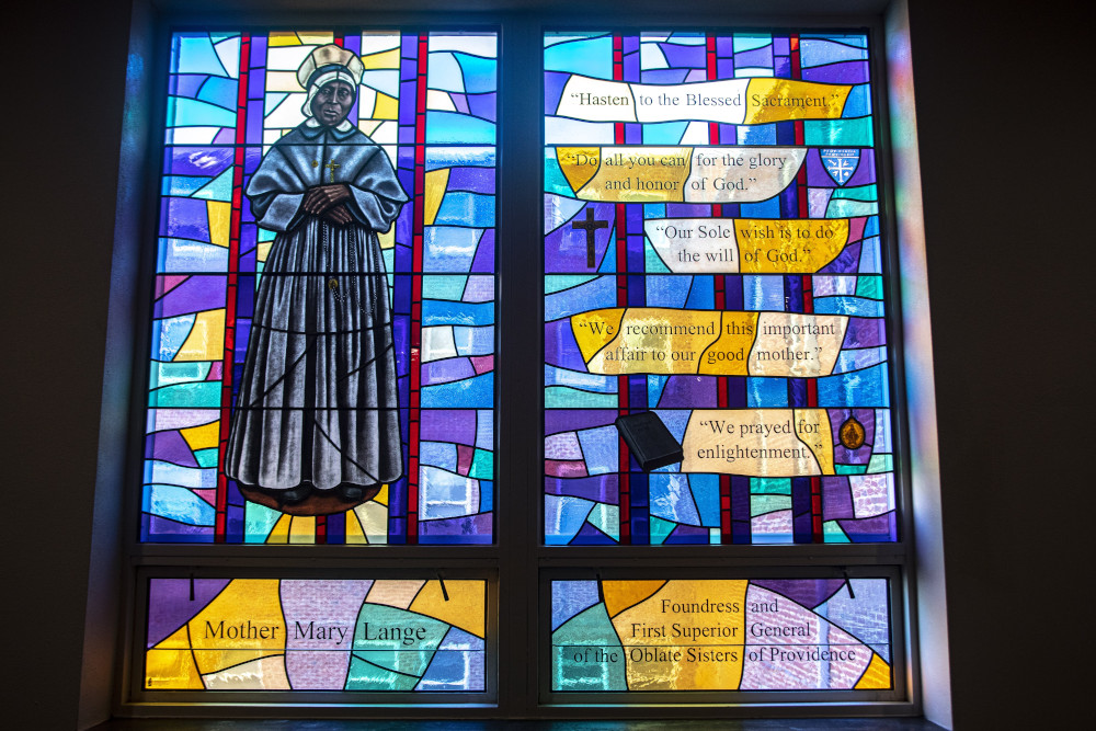 An image of Mother Mary Lange, foundress of the Oblate Sisters of Providence, is seen in a stained-glass window in the chapel of the religious order's motherhouse near Baltimore Feb. 9, 2022. (OSV News/CNS file/Chaz Muth)