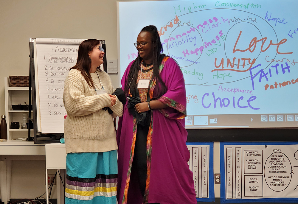 Participants Sharlaine and Brenda at a March Advancing Reconciliation workshop in Winnipeg, Manitoba, hosted by Returning to Spirit. (Courtesy of Returning to Spirit)