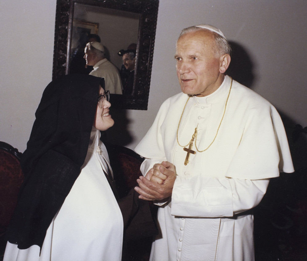 St. John Paul II meets with Carmelite Sr. Lucia dos Santos May 13, 1982, in Fatima, Portugal. (OSV News/Courtesy of Shrine of Fatima)