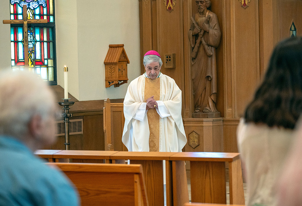 Bishop Salvatore R. Matano of Rochester, New York, celebrates a July 17 Mass at the diocesan Pastoral Center in Gates in memory of Mercy Sr. Arlene Semesky, who died in a car accident in Pennsylvania July 16. Three other members of her order were injured in the crash. (OSV News/Catholic Courier/Jeff Witherow)