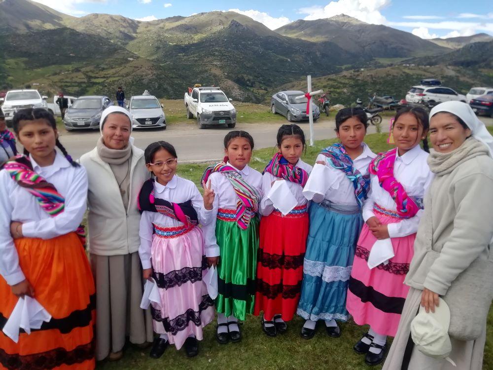Girls from the St. Rita's School, run by the Sisters of Divine Love, visit the shrine of Mary, Queen of Peace in Ccoñamuro, Peru. (Courtesy of Diana Villarreal)