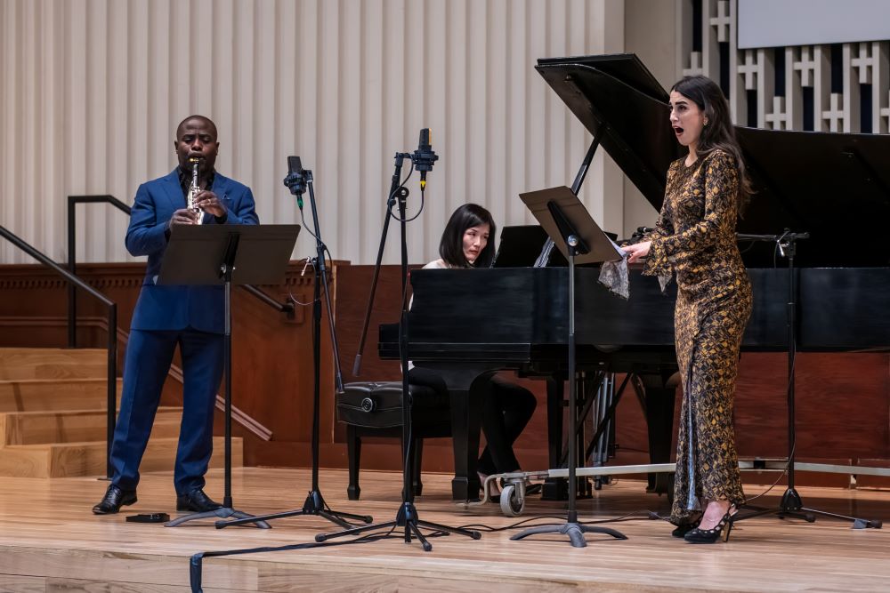 Musicians (from left) Anthony McGill, Myra Huang and Elena Perroni(Courtesy of Ronald Werman) perform "Chavah's Daughters Speak," composed by James Lee III. The piece includes poetry by Sr. Lou Ella Hickman. (Courtesy of Ronald Werman)