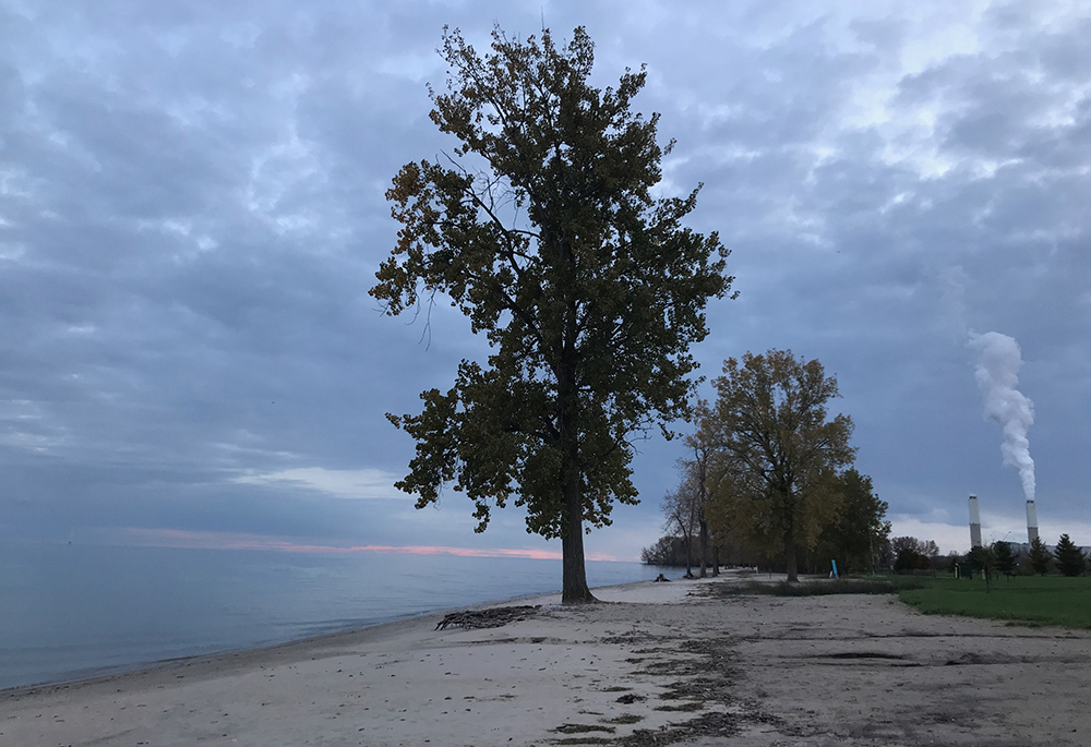 DTE Energy's coal-fired Monroe Power Plant, operating on the shores of Lake Erie, is scheduled to retire in 2032. It is viewed here from Sterling State Park, in Monroe, Michigan, in November 2021. (Amy Ketner)