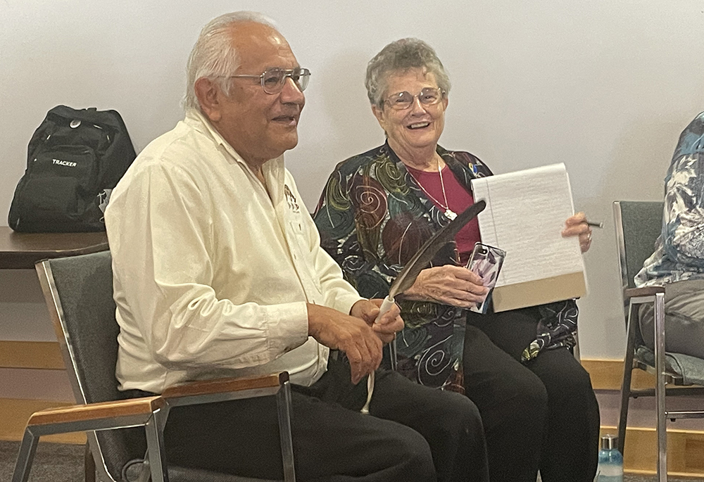 Sr. Mary Beth McCurdy, leader of the Sisters of Charity of the Immaculate Conception, St. John, New Brunswick, with David Perley, of the Tobique First Nation, former director of the Mi'kmaq-Wolastoqey Centre at the University of New Brunswick (Courtesy of Sabrina Di Matteo/Canadian Religious Conference)