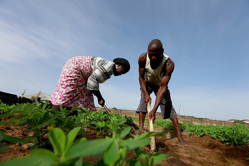 A husband and wife work on their farm in Abuja, Nigeria, June 10, 2020. (CNS/Reuters/Afolabi Sotunde)