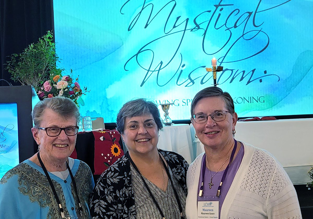 The 2022-2023 presidential team of the Leadership Conference of Women Religious includes, from left, Sr. Jane Herb, past president, a member of the Sisters, Servants of the Immaculate Heart of Mary; Sr. Rebecca Ann Gemma, president, of the Dominican Sisters of Springfield, Illinois; and Sr. Maureen Geary, president-elect, of the Dominican Sisters of Grand Rapids, Michigan. (GSR photo/Gail DeGeorge)