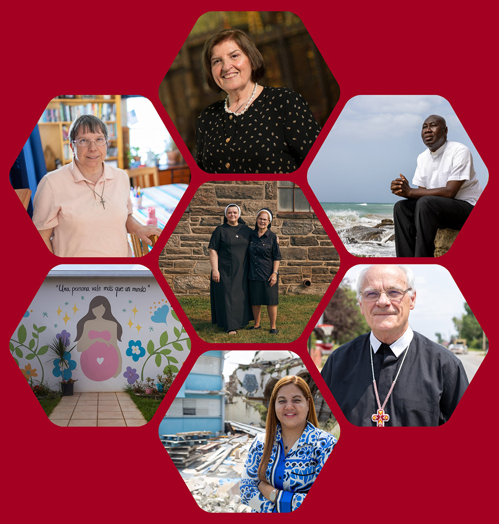 A collage featuring the seven finalists who have been nominated for the 2023-2024 Lumen Christi Award. Clockwise from top are Maria-Cruz Gray, Father Olin Pierre-Louis, Brother Dale Mooney, Carmen Alicia Rodriguez Echevarria, the St. Maria Eufrasia Home, and Sister Catherine Nagl. The Sisters of the Order of St. Basil the Great are in the center. (OSV News/Courtesy of Catholic Extension)