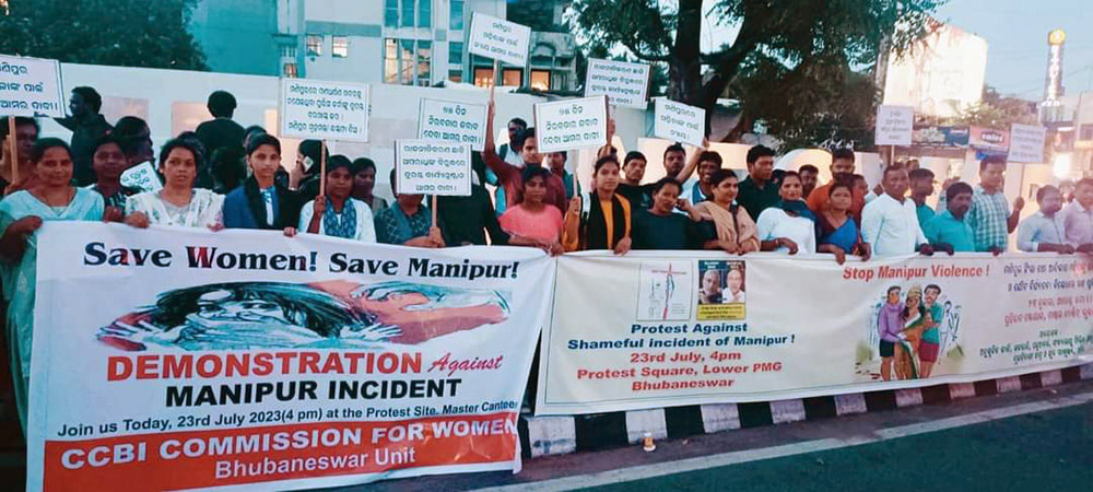 Sacred Hearts of Jesus and Mary Sr. Sujata Jena joins women and civil society groups in a demonstration against the Manipur incident on May 23 in Bhubaneswar, Odisha. (Courtesy of Sujata Jena)