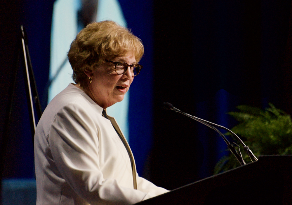 Adrian Dominican Sr. Donna Markham speaks to the Leadership Conference of Women Religious Friday, Aug. 11, after receiving the group's Outstanding Leadership Award. (GSR photo/Dan Stockman)