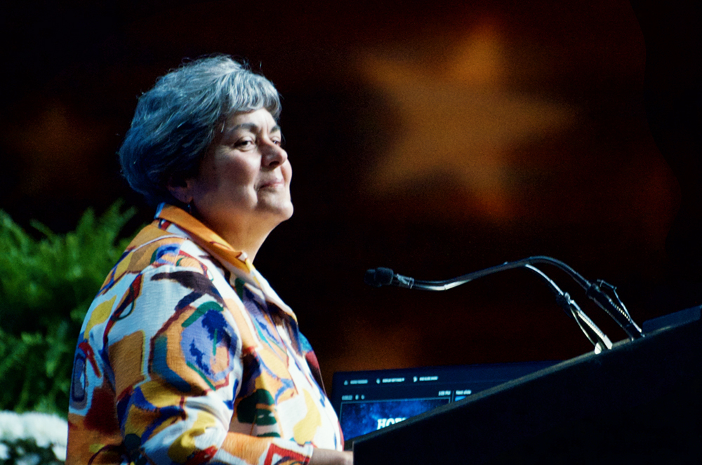 Rebecca Ann Gemma, a Dominican Sister of Springfield, Illinois, gives the presidential address at the Leadership Conference of Women Religious' annual assembly Aug. 9 in Dallas. (GSR photo/Dan Stockman)