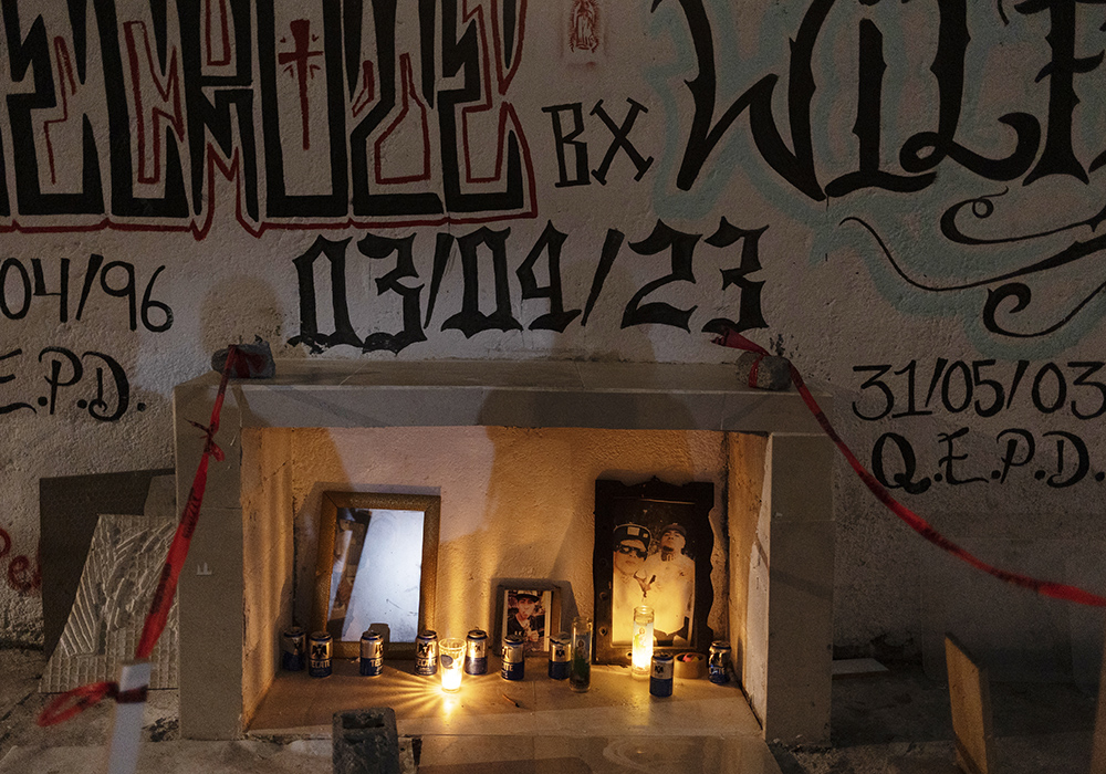 A memorial dedicated to two Los Bronx members commemorates their death from a motorcycle accident in Monterrey, Mexico. Four were on the bike but only two survived. (Nuri Vallbona)