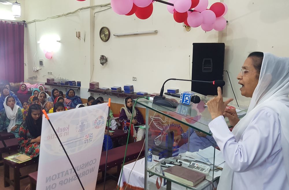 Sr. Genevieve Ram Lal speaks about gender equality at a Presbyterian church in Lahore, Pakistan, on May 20. (GSR photo/Kamran Chaudhry)