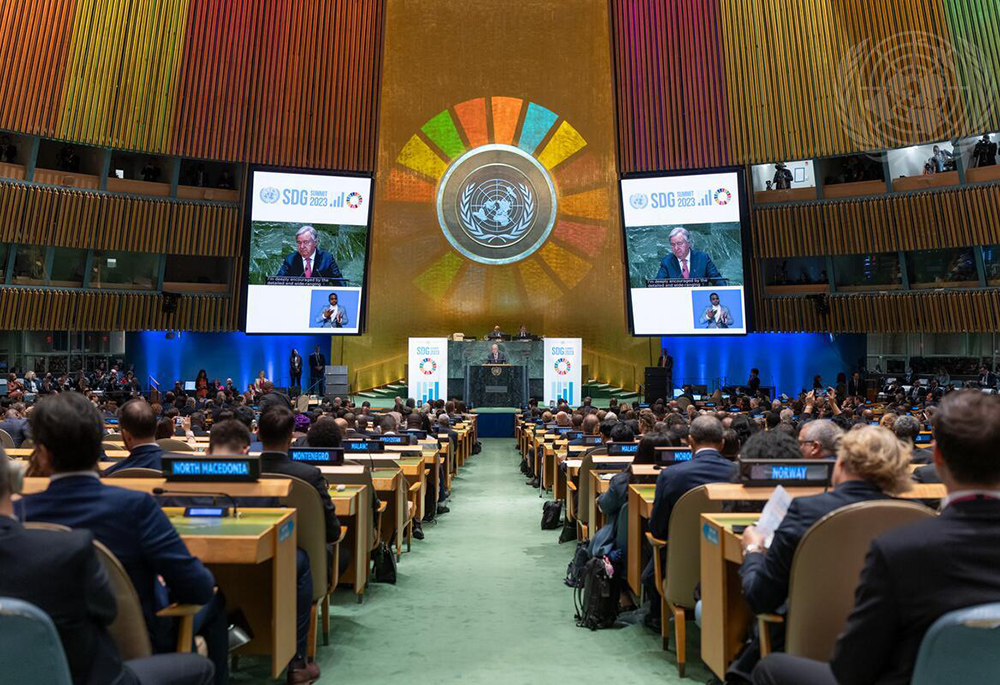 Secretary-General António Guterres, addresses the opening of the SDG Summit at the United Nations in New York on Sept. 18. "The SDGs aren’t just a list of goals. They carry the hopes, dreams, rights and expectations of people everywhere. And they provide the surest path to living up to our obligations under the Universal Declaration of Human Rights, now in its 75th year," he said. (UN Photo/Cia Pak)