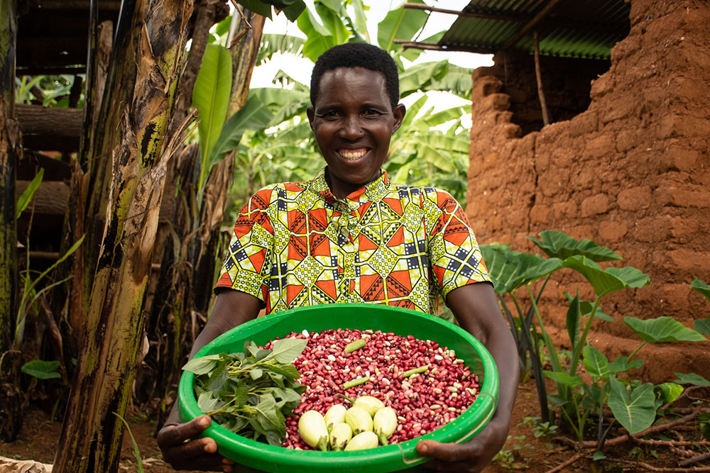 Francoise Mukakalisa, a farmer and mother of six children from Gikundamvura Cell, Bugesera District, Rwanda, joined One Acre Fund in 2019. (Courtesy of Conrad N. Hilton Foundation/One Acre Fund)