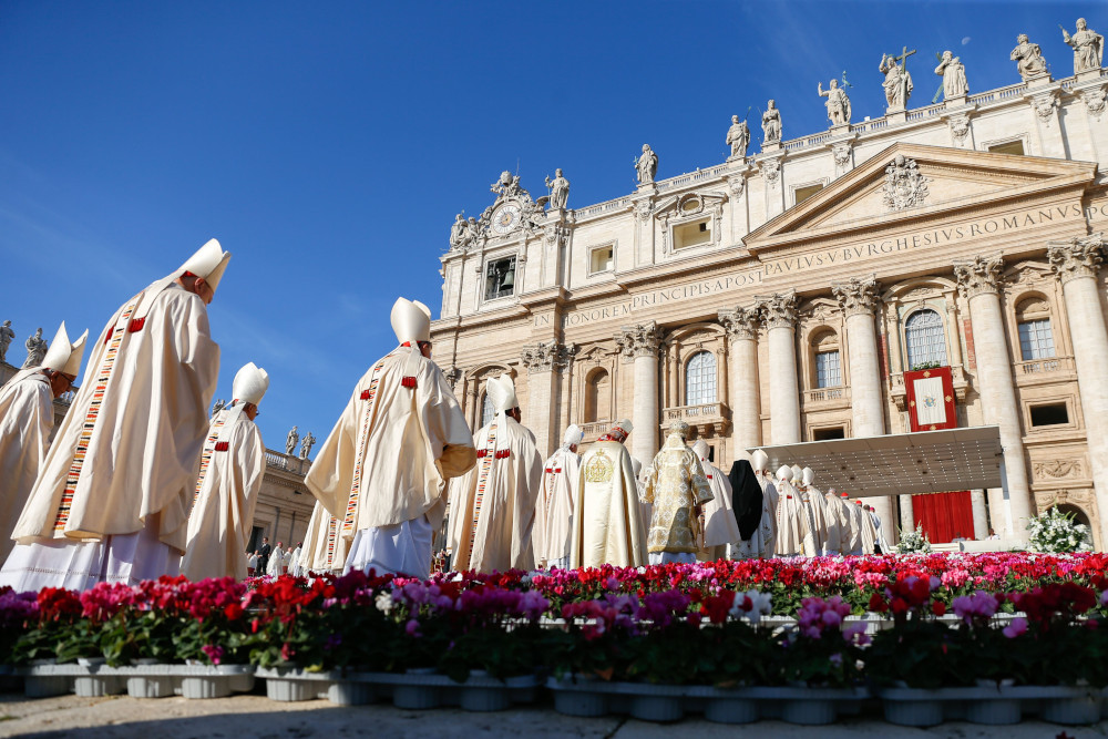 Cardinals and bishops process to the altar to concelebrate with Pope Francis the opening Mass of the assembly of the Synod of Bishops in St. Peter’s Square at the Vatican Oct. 4, 2023. (CNS photo/Lola Gomez)