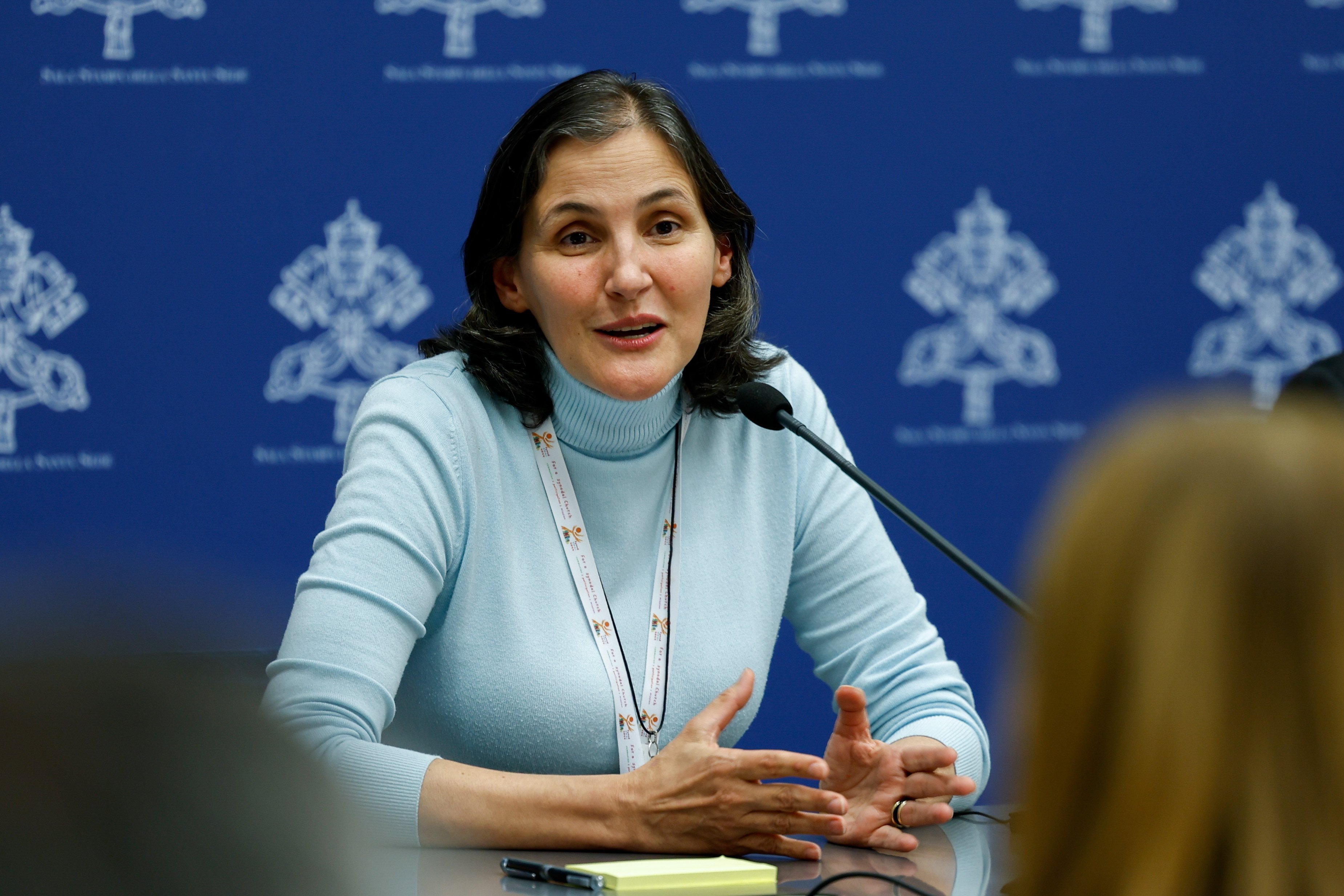 Sr. Liliana Franco Echeverri, a member of the Company of Mary and president of the Latin American Confederation of Religious, speaks during a briefing about the assembly of the Synod of Bishops at the Vatican Oct. 10. (CNS/Lola Gomez)