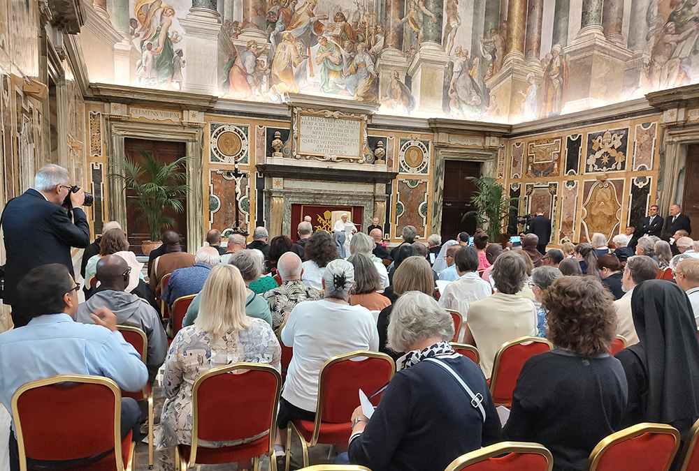 Pope Francis delivers his address to the delegates of the Fifth World Congress of Benedictine Oblates in the Clementine Hall at the Vatican. (Julie A. Ferraro)