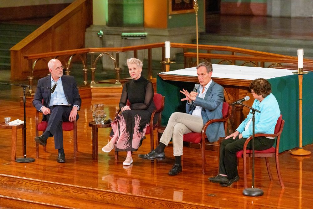 Moderator David Gibson, far left, joins mezzo-soprano Joyce DiDonato, who sings the role of Sister Helen, composer Jake Heggie and Sr. Helen Prejean at a Sept. 22 event on the opera "Dead Man Walking/" The forum was sponsored by the Fordham Center on Religion and Culture and held at St. Paul the Apostle Church in Manhattan. (Fordham University/Jim Anness)