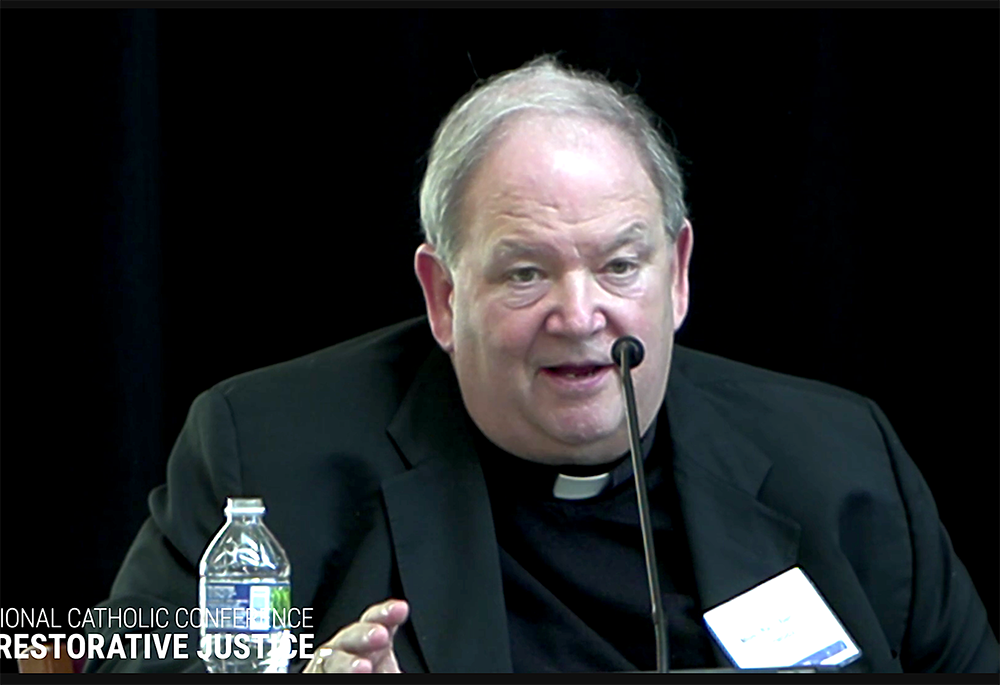 Archbishop Bernard Hebda of St. Paul and Minneapolis speaks Oct. 6 at the National Catholic Conference on Restorative Justice in Minneapolis. (NCR screenshot)