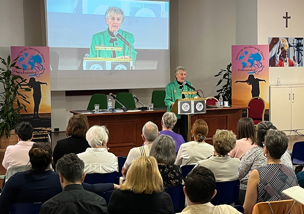 Benedict Sr. Joan Chittister speaks at the Spirit Unbounded event at Rome's Casa Bonus Pastor on Oct. 13. (NCR photo/Joshua J. McElwee)