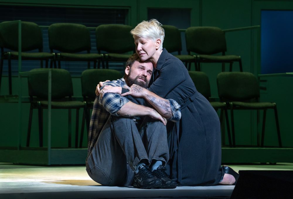 Ryan McKinny portrays inmate Joseph De Rocher and Joyce DiDonato portrays Sr. Helen Prejean in Jake Heggie's "Dead Man Walking." The opera made its Met debut Sept. 26.(Met Opera/Karen Almond)