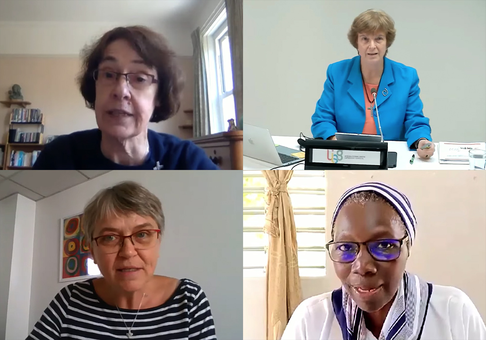 Speakers at a Sept. 25 event organized for members of the women's International Union of Superiors General and the men's Union of Superiors General included (clockwise from upper left): Congregation of Jesus Sr. Gill Goulding, Sacred Heart of Jesus Sr. Maria Cimperman, Immaculate Assumption of Castres Sr. Anne Béatrice Faye and Xavière Sr. Christine Danel (GSR screenshots/YouTube/UISG)