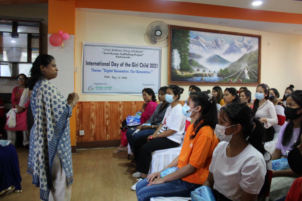 Sr. Taskila Nicholas, director of Good Shepherd International Foundation Nepal, facilitates a session with youth working in Nepal's adult entertainment sectors on the International Day of the Girl Child. Oct. 11, 2021. (Pragati Shahi)