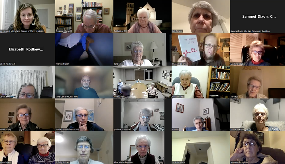 Activist Shane Claiborne (second row, holding book) speaks during a Nov. 8 webinar hosted by Nuns Against Gun Violence. (GSR screenshot/Nuns Against Gun Violence)