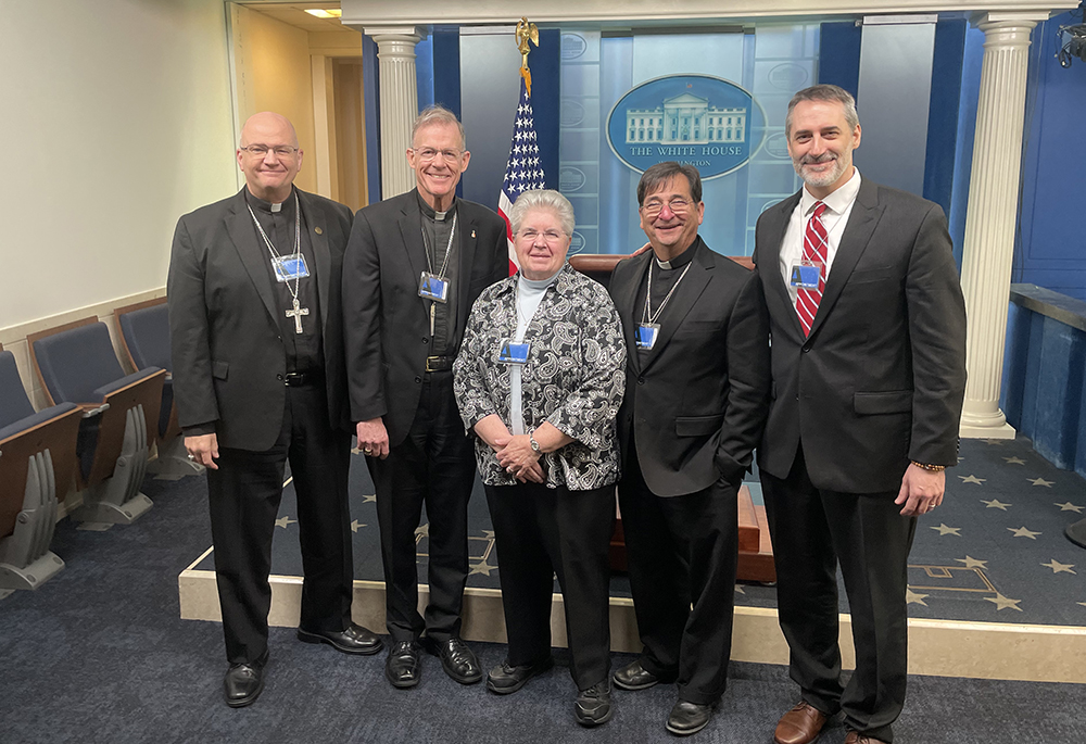 Bishop Edward Weisenburger (Diocese of Tucson, Arizona), Archbishop John Wester (Archdiocese of Santa Fe, New Mexico), St. Joseph Sr. Carol Zinn (executive director of the Leadership Conference of Women Religious), Bishop Joseph Tyson (Diocese of Yakima, Washington), and Franciscan Lonnie Ellis (executive director of In Solidarity) at the White House for a meeting about climate change on Nov. 17. (Courtesy of In Solidarity)