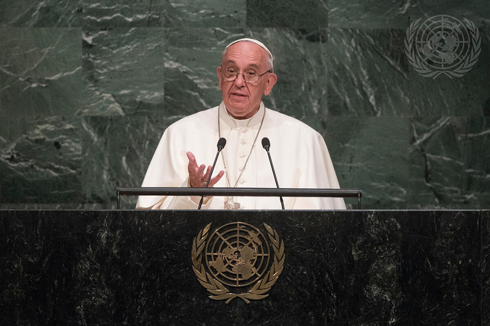 Pope Francis addresses the United Nations General Assembly during his visit to United Nations headquarters in September 2015. In his address, the pontiff outlined seven indicators of poverty. (Courtesy of Cia Pak/United Nations)