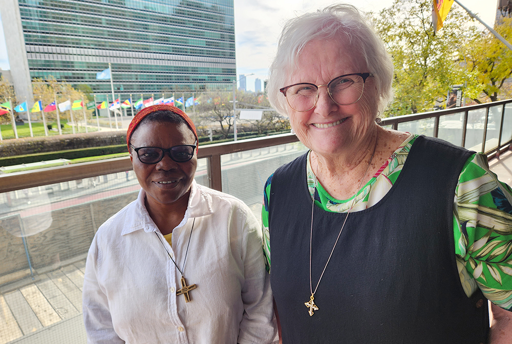 Adrian Dominican Sr. Durstyne Farnan, who represents the Dominican Leadership Conference at the United Nations, right, and Sr. Isabelle Izika, left, who represents the Sisters of Notre Dame de Namur at the U.N. were among the sisters who attended the release of the "Fordham's Pope Francis Global Poverty Report (2023)" at an event Nov. 17 at the Church Center for the United Nations in New York City. (GSR photo/Chris Herlinger)