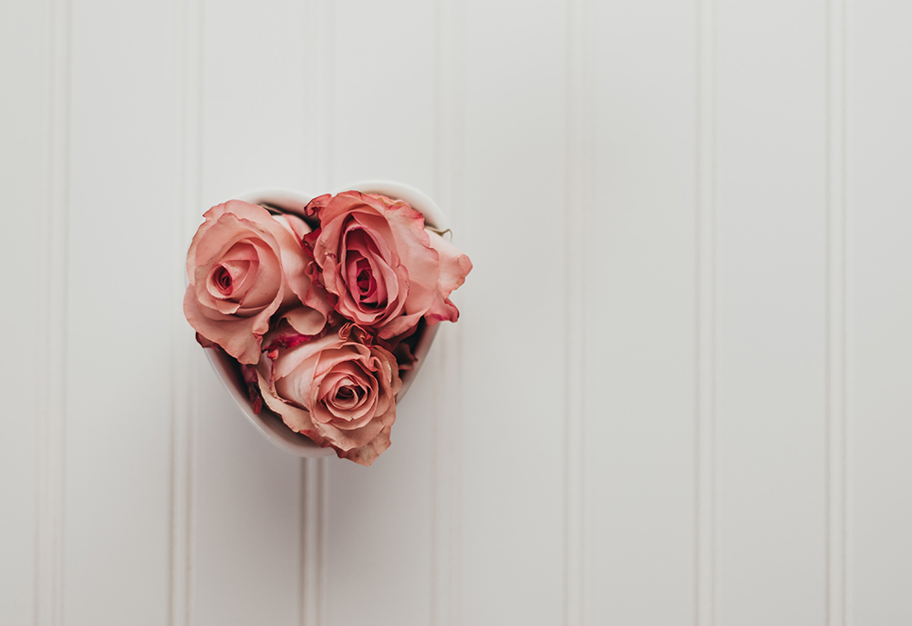 Three pink roses in a heart-shaped container (Unsplash/Sixteen Miles Out)