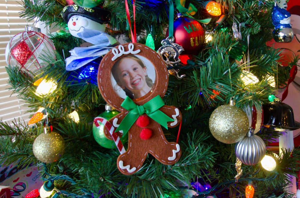 Los adornos del árbol de Navidad de Elizabeth y Angelo fueron donados, por lo que algunos todavía tienen las fotos de archivo que tenían cuando los compraron. (Foto: GSR/Dan Stockman)  