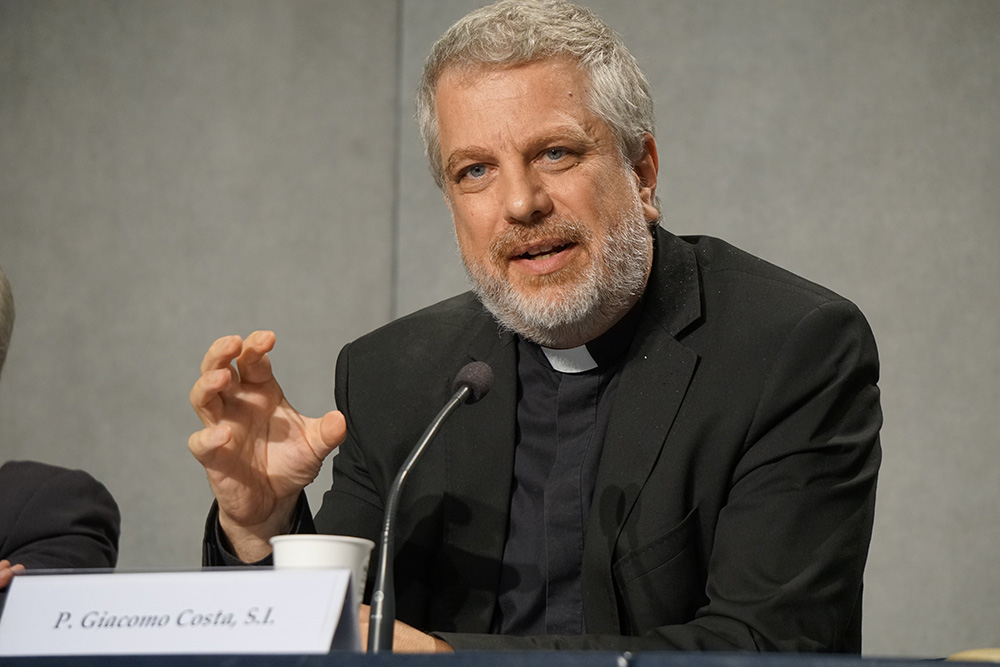 Italian Jesuit Fr. Giacomo Costa, adviser to the secretary-general of the Synod of Bishops, speaks at a news conference at the Vatican Oct. 27, 2022, to present the document for the continental phase of the synod on synodality. (CNS/Junno Arocho Esteves)