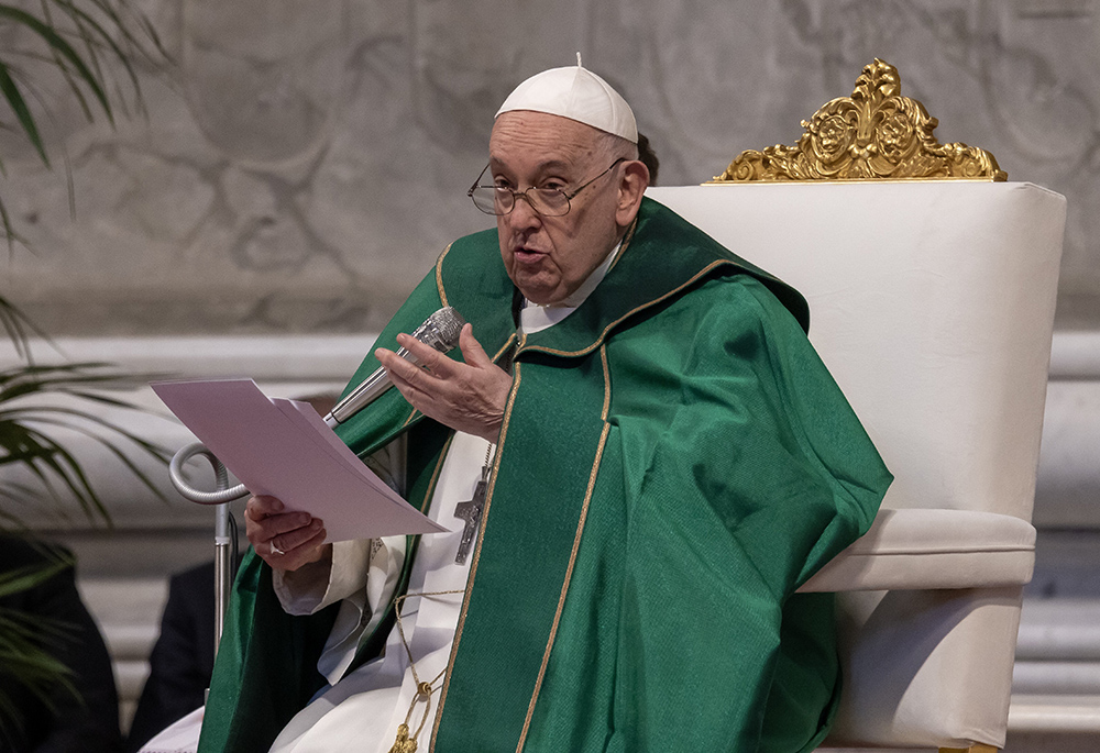 Pope Francis gives his homily during Mass for the World Day of the Poor in St. Peter's Basilica Nov. 19, 2023, at the Vatican. (CNS/Pablo Esparza)