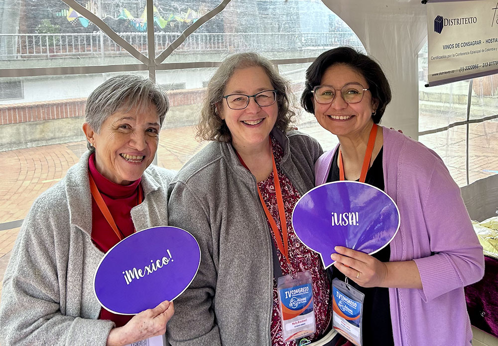Benedictine Srs. Maricarmen Bracamontes, Molly Brockwell and Helga Leija at the IV Latin American and Caribbean Congress of Religious Life, held Nov. 24-26 in Bogotá, Colombia. (Courtesy of Molly Brockwell)
