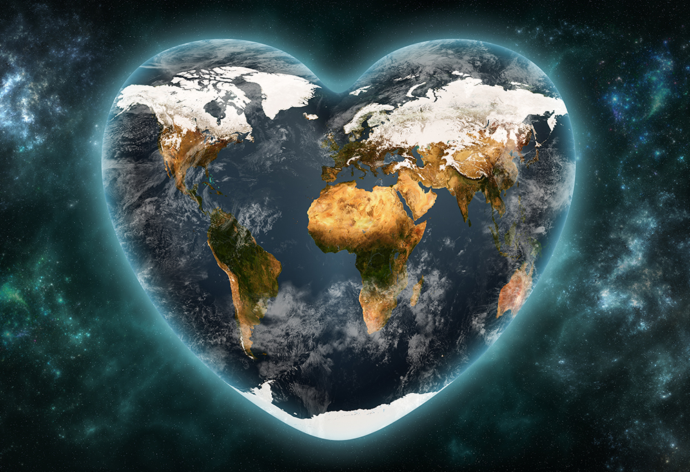 An illustration displays the topography of the globe in the shape of a heart, which glows against a cosmic background like a planet (Depositphotos.com/MattLphotography)