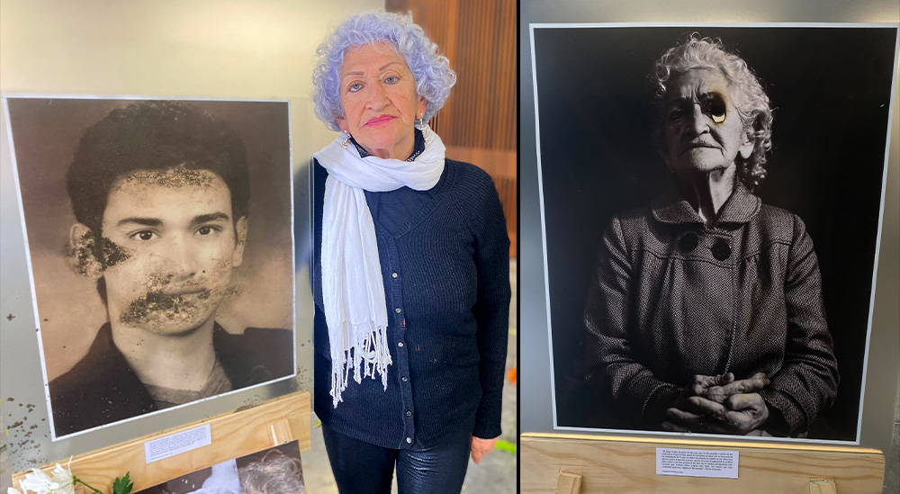 Left: Gloria Alvarado stands on Nov. 22 next to a photo of her only son, who was assassinated, and whose killing and its consequences is now part of an exhibit at the Center of Memory, Peace and Reconciliation in Bogotá, Colombia. Right: Alvarado explained to GSR the work of art that depicts how her eyes could not have seen the danger her son was under. She said no one has taken responsibility for his killing. (GSR photo/Rhina Guidos)