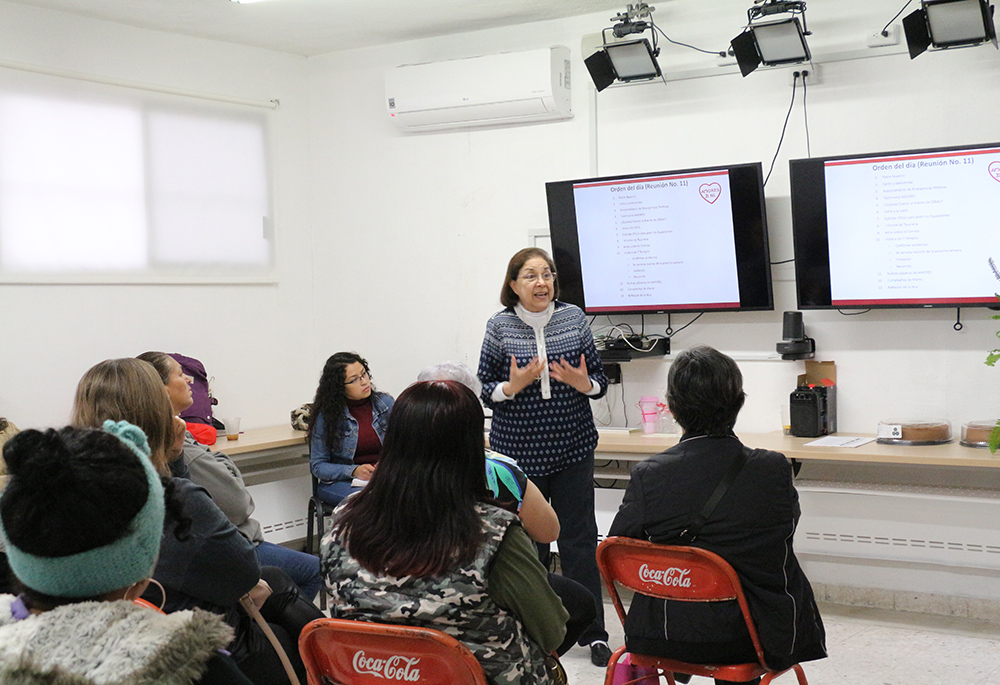 Sr. Consuelo Morales in May 2023 speaks before the Group of Women Organized for the Executed, Kidnapped and Disappeared in Nuevo León, or AMORES, where every week they share their stories, judicial updates on their sons and daughters cases and pray and reflect on Bible passages. (Courtesy of Consuelo Morales)