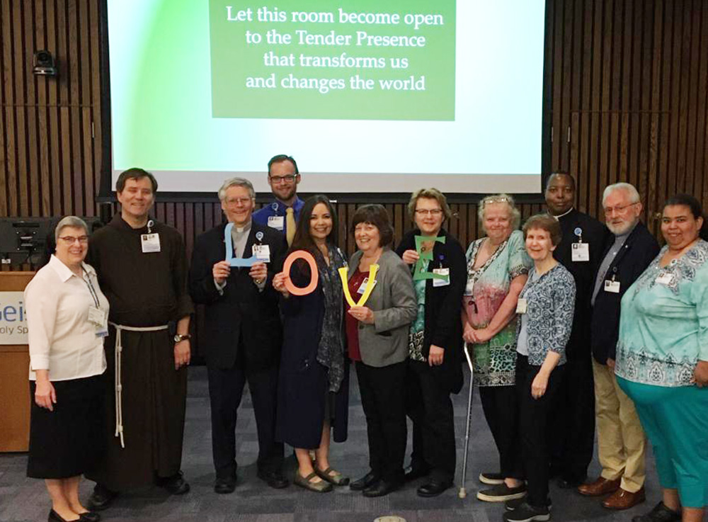 Immaculate Heart of Mary Sr. Christine Koellhoffer is seen with the Holy Spirit Hospital pastoral care team in Camp Hill, Pennsylvania, at the conclusion of a pastoral care day she led for chaplains and caregivers from the wider area. (Courtesy of Christine Koellhoffer)