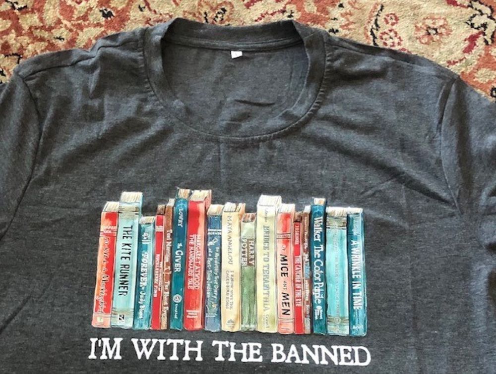 Humility of Mary Sr. Margaret Cessna's favorite T-shirt pictures banned books.