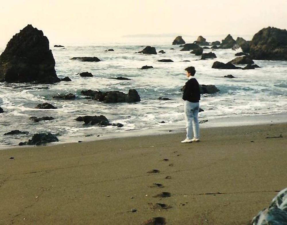 Woman stands at the edge of water on beach.